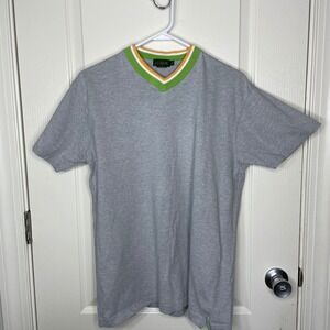 J. Crew Oarsman Mens Medium Gray V-Neck Shirt Striped Collar Short Sleeve Preppy